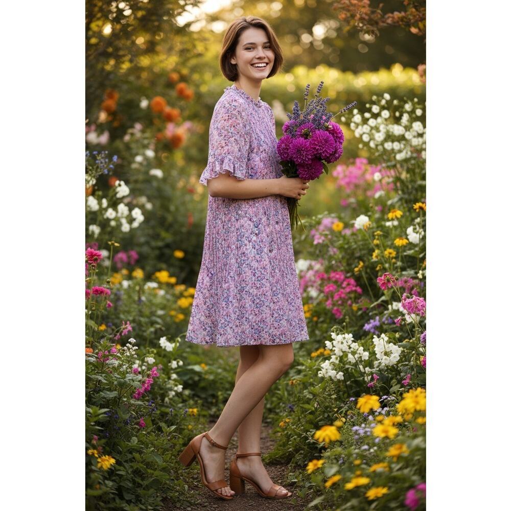 Melloday Mini Shift Dress 3/4 Sleeve Size Purple Floral Pleated Ruffle Neck